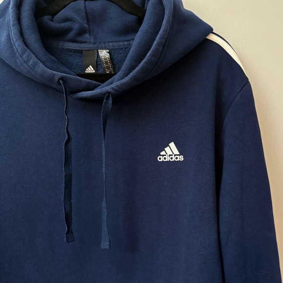 Adidas Mens XL Hoodie Navy Blue White 3 Stripe Pullover‎ Sweatshirt - Picture 2 of 6